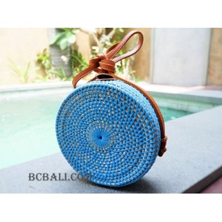 straw synthetic rattan circle bag color blue dongker